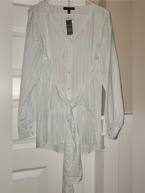 Lane Bryant illusion collection white sheer blouse tie vert stripe sz 10/12 NWT